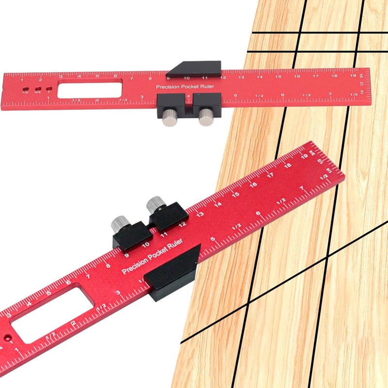 Aluminum Alloy Scribing Ruler Anti Slip Woodworking Tool with Stop Red - Image 4